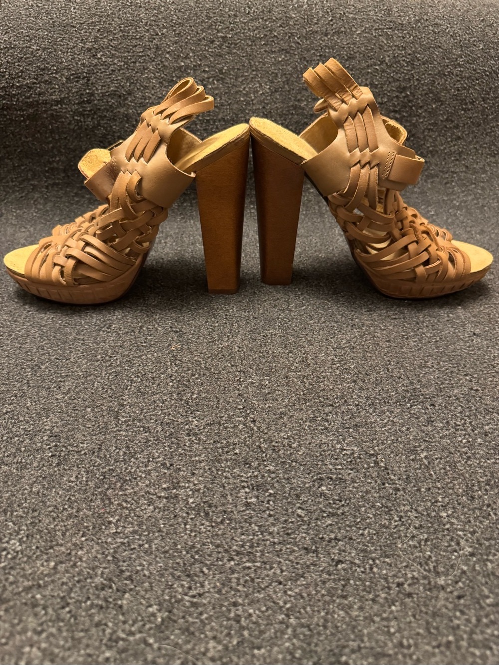 Naughty Monkey Tan Woven Leather Cage Platform Heeled Sandals Size 8 - Picture 2 of 11